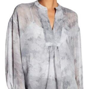 Vince Gray Watercolor Marble Print 100% Silk Blouse Top Tunic Semi Sheer M/L